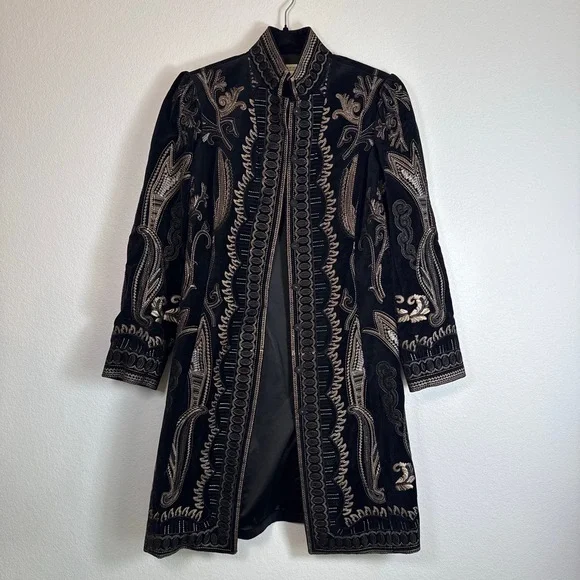 Peter Nygard Coat Size 6 Black Embroidered Long Sleeve Mandarin Collar Marant - Picture 1 of 8